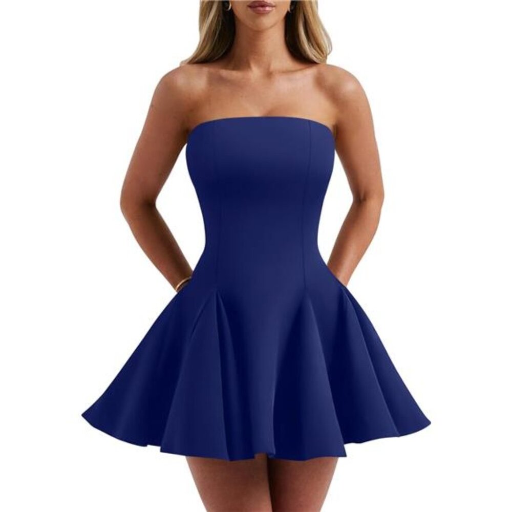 Strapless Satin Mini Dress – Sexy Off-Shoulder Homecoming Party Dress-Navy Blue